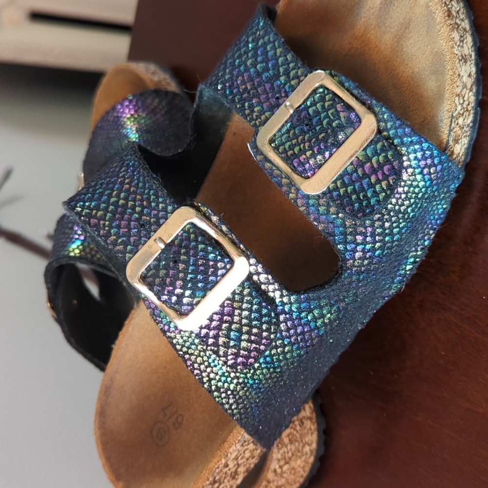 Metallic Mermaid Sandals Small 6/7 Birk Style Slip on Cork Iridescent Snakeskin